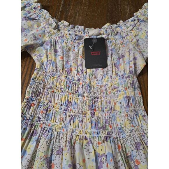 New Small Levi Off Shoulder Country Sundress Shirred Waist Puff Sleeve Dress - Picture 4 of 8